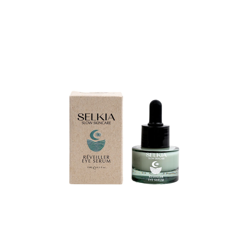 Australian made Selkia product and sustainable packaging front view display of natural anti-aging refillable eye serum
