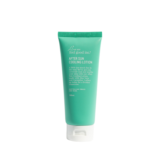 Green tube of after sun cooling lotion on a white background